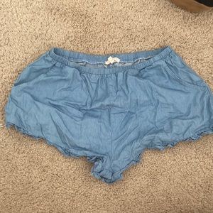 I’m unsure of the material, but these are blue shorts by brand name ‘easel’